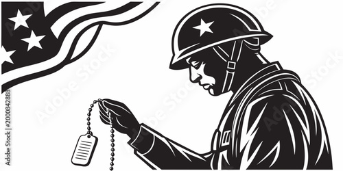Bild auf Leinwand Black and white graphic of a soldier holding military dog tags and rosary beads