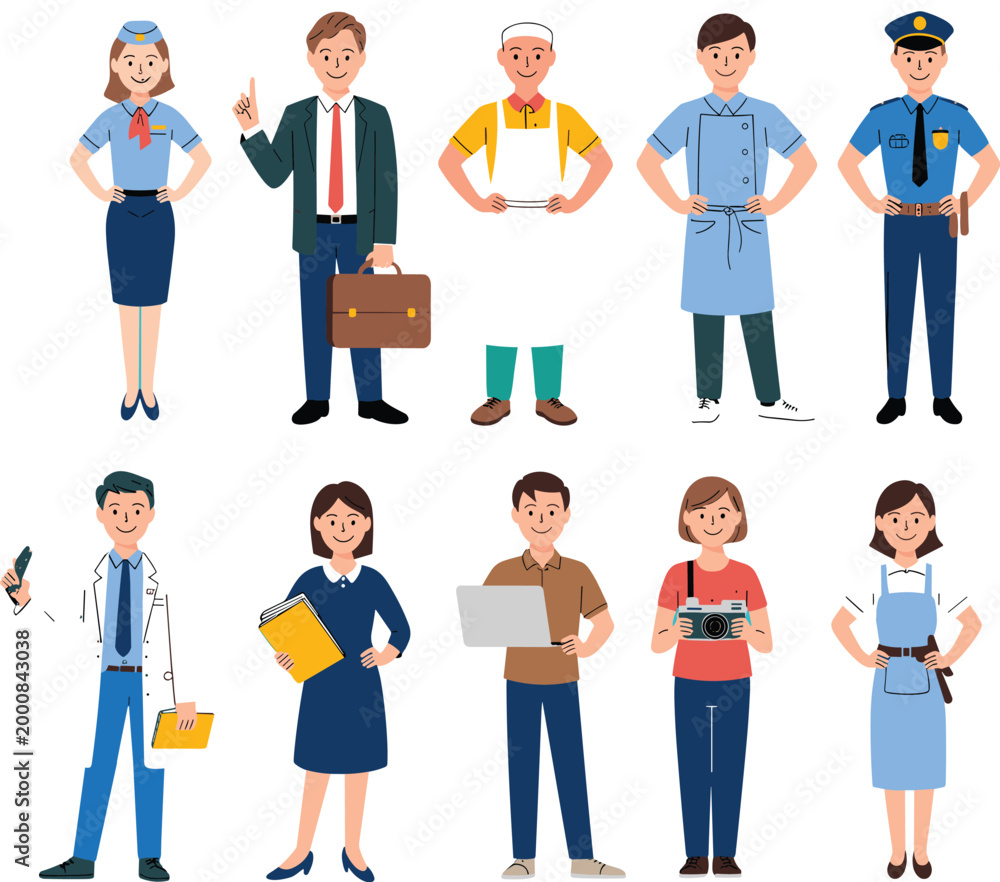 Fototapeta premium Set of diverse professional workers and essential employees in various uniforms including police officer doctor flight attendant and chef