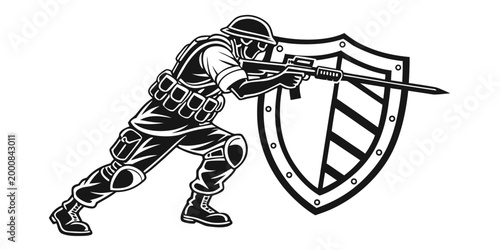 Tableau sur toile Silhouette illustration of a soldier in a tactical stance holding a rifle with a