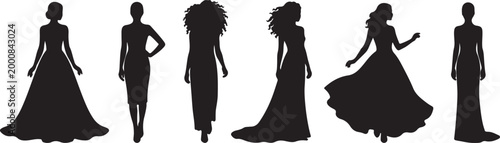Elegant women silhouettes in various dress styles posing isolated black vector female fashion collection set illustration