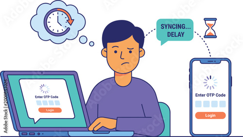 Frustrated Man Facing Syncing Delay and Time Lag While Waiting for Mobile OTP Code Verification During Secure Online Account Login