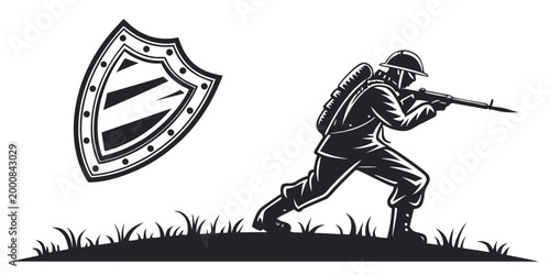 Photos Graphic illustration of a soldier advancing in the grass aiming a rifle with a f
