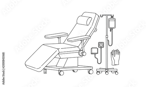 Medical reclining chair for blood donation with infusion stand and equipment isolated on transparent background, Vector bald donation