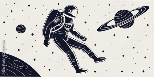 Astronaut floating in outer space among planets and stars line art illustration with sci fi zero gravity astronaut astronomy exploration universe spaceman adventure floating interstellar