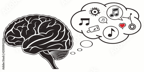 Human brain thinking and processing multimedia and social icons with thinking connection cognitive intelligence illustration abstract silhouette creativity daydream communication multimedia
