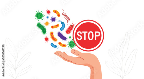 Human hand held up against a variety of colorful bacteria and virus microbes next to a red stop sign for hygiene.