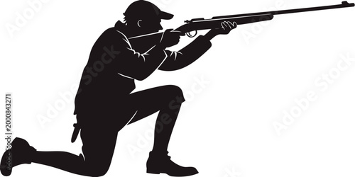 Silhouette of a hunter kneeling and aiming a hunting rifle with silhouette kneeling outdoors marksman wildlife shooting camouflage huntsman stalking recreation equipment precision woodland
