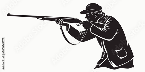Black silhouette of a hunter with rifle and shoulder strap silhouette outdoors marksman huntsman shooting wildlife recreation stalking equipment wilderness adventure tactical professional