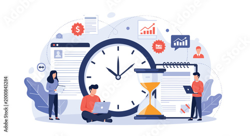 Business team managing deadlines and productivity around a giant analog clock and a large sand hourglass.