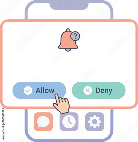 Mobile App Permission Dialog Showing Hand Clicking Allow Button for Notifications and User Access Settings on Smartphone Interface Vector Illustration