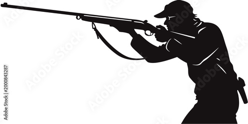 Vector silhouette of a hunter holding a long rifle in aiming position with silhouette outdoors marksman huntsman shooting wildlife recreation stalking equipment wilderness adventure