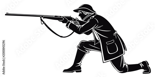 Silhouette of a hunter in hat kneeling while aiming a rifle with silhouette kneeling outdoors marksman huntsman shooting wildlife recreation stalking equipment wilderness adventure