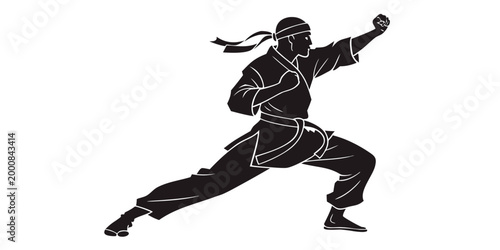 Silhouette of a martial artist in a low stance preparing for a punch with martial arts self defense silhouette illustration training exercise discipline strength fighting technique japanese