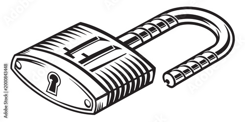 Illustration of a metal padlock with open shackle black and white security protection illustration isolated business hardware mechanism fastener engraving industrial unlocked