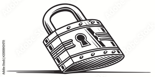 Black and white illustration of a sturdy metal padlock with security protection illustration isolated business hardware mechanism fastener engraving industrial unlocked