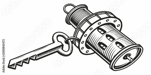 Black and white vector graphic of an old cylindrical lock and key with cylindrical security protection illustration isolated business hardware mechanism fastener engraving industrial