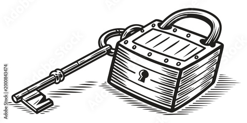 Vintage style square padlock with a large metal key isolated security protection illustration isolated business hardware mechanism fastener engraving industrial unlocked