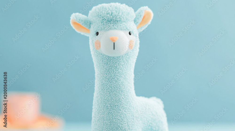 Fototapeta premium Close Up Portrait of a Cute Blue and White Knitted Alpaca Toy Standing Centered Against a Solid Light Blue Background with Soft Shadow Below