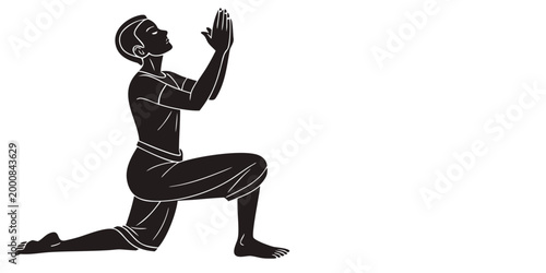 Black graphic illustration of person kneeling in prayer or focused reflection pose with kneeling silhouette meditation spirituality reflection devotion illustration minimalist religion