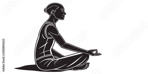 Black graphic silhouette of person in lotus position meditating with mudra gesture meditation silhouette mindfulness spirituality illustration minimalist isolated wellness relaxation
