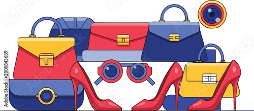 Fashion illustration of colorful handbags and high heels on display