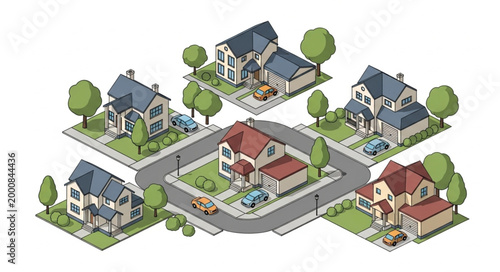 Suburban Neighborhood Street View with Houses and Cars.