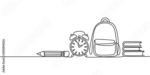 Continuous line school supplies illustration, pencil clock backpack and books in single stroke style, back to school concept, minimal clean vector design