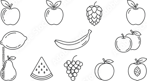 Fruit outline icons set featuring apple banana grapes lemon pear watermelon vector illustration collection