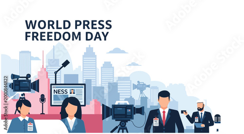 Modern illustration depicting the critical importance of journalism and a free press, showcasing diverse media professionals actively engaged in news reporting