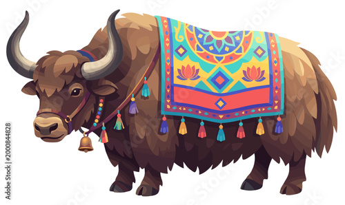 Decorated Tibetan Yak with Colorful Saddle Blanket and Tassels