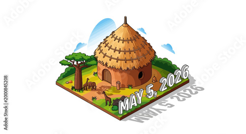 Isometric African village scene with thatched hut, acacia tree, and giraffes on grassy ground, vector illustration