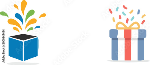 A vibrant blue gift box bursts open with a colorful explosion of confetti in a flat vector illustration style against a pure white background