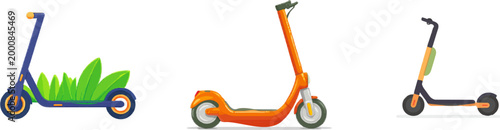 A vibrant electric kick scooter in flat vector illustration style, featuring clean sharp edges and a minimalist design, is isolated on a pure white background with lush green grass at its base