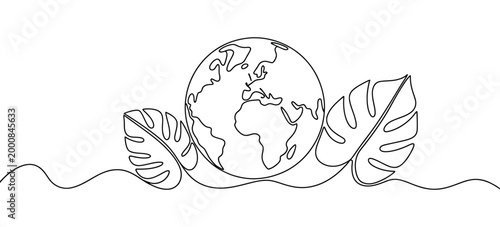 Continuous line Earth with sprout vector illustration, editable single line drawing, ecological sustainability and growth symbol, clean minimal nature concept, modern outline design style.