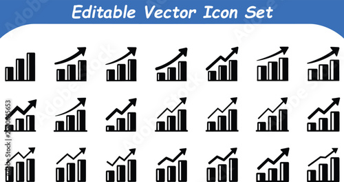 Editable vector icon set of growing bar charts with increase, statistics