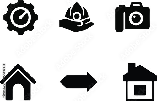 Black glyph icons representing technology nature home and transition concepts