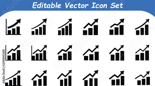 Editable vector icon set of bar graphs with upward trends increase statistics