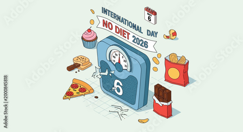 International No Diet Day 2026 vector illustration with scale, junk food, and cupcake