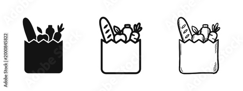 Grocery Paper Bag with Fresh Food Products Icon Set