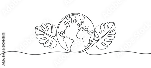 Continuous line Earth with sprout vector illustration, editable single line drawing, ecological sustainability and growth symbol, clean minimal nature concept, modern outline design style.