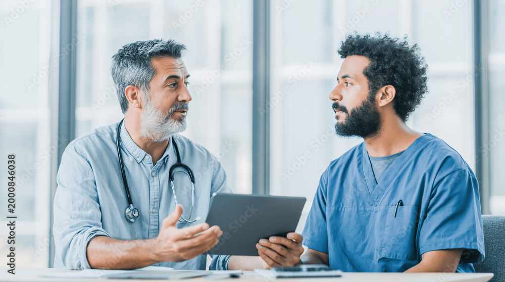 Obraz premium Two Male Medical Doctors in Lab Coats Discussing Healthcare Information on a Digital Tablet in a Bright Modern Hospital Office