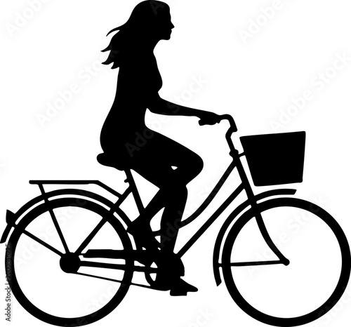 Silhouette of a Woman Riding a City Bicycle with Basket