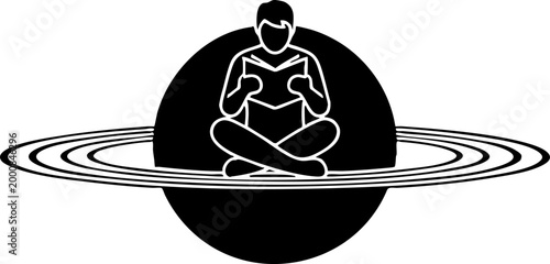 Minimalist icon of a student reading a book on Saturn planet