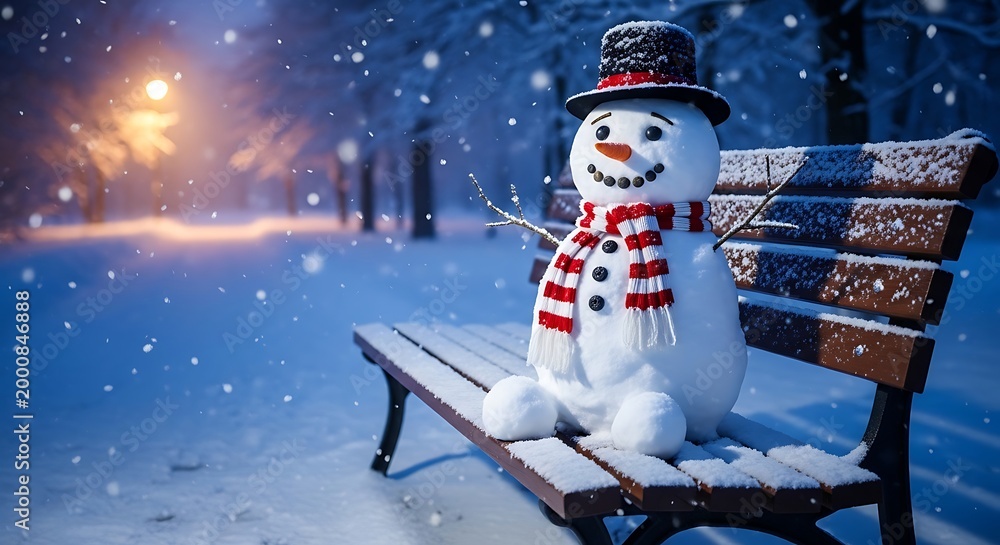 Fototapeta premium A snowman wearing a hat and scarf sits on a snowy bench at night.