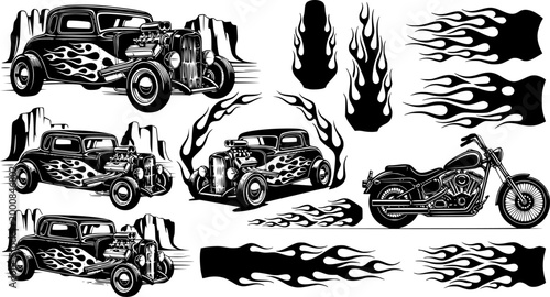 Silhouettes. Vintage hot rods and flames. Vector illustration, transparent background EPS version.