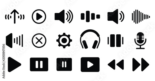 Various media player and audio control icons with playback symbols and sound elements vector illustration, modern  icon set featuring play pause stop forward rewind and volume controls for music and