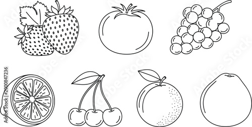 Hand drawn fruit outline vector set including strawberry tomato grapes lemon cherries orange and pear minimal line icons