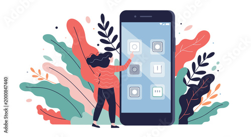 Young woman manages her digital life by interacting with various application icons on a large smartphone screen.