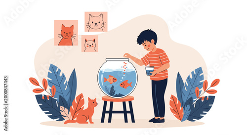 Young boy carefully feeds pet fish in a glass bowl while a cat watches closely and cat portraits hang on the wall.