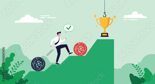 Ambitious man climbs the stairs of success overcoming obstacles to reach his goals and earn a golden trophy award.